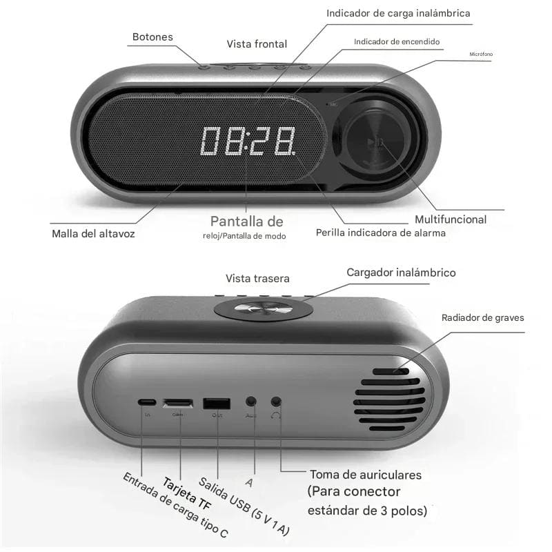 Parlante con Reloj Digital y Carga Inalámbrica+ ENVIO GRATIS